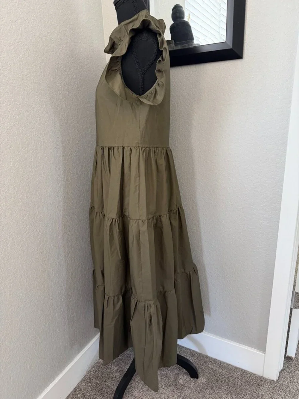 CHEPE Ansaldo Italy Cotton Tiered Ruffle Maxi Dress Olive Green XS